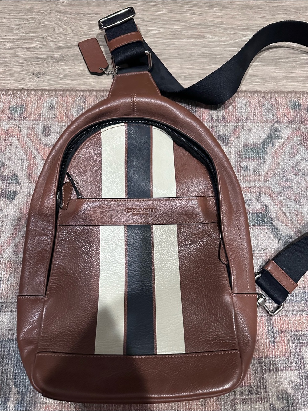 Coach Brown Leather Sling Bag with Cream and Black Stripes